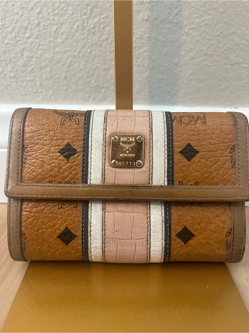 MCM München Visetos Cognac Long Continental Wallet with Pink Croc-Embossed Strip